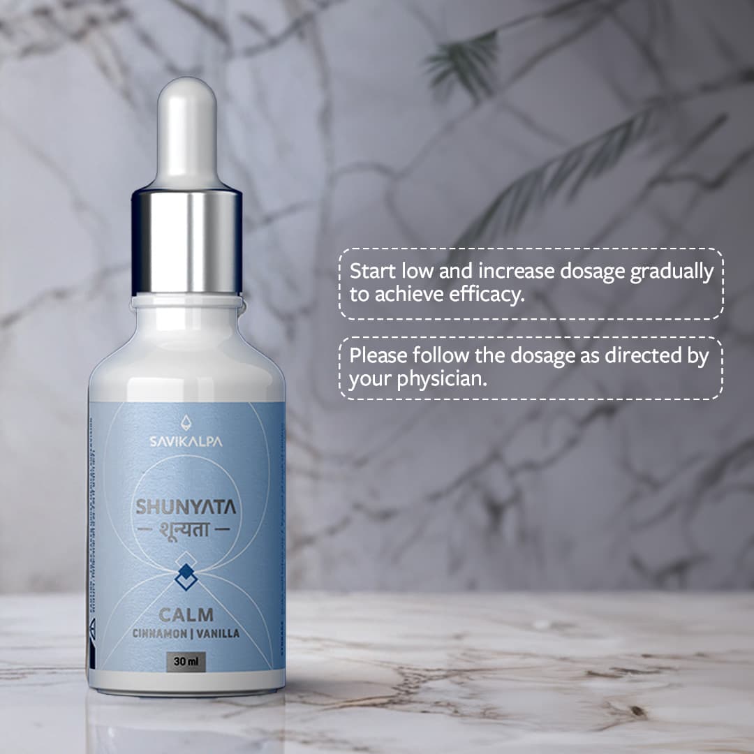 Image of Shunyata Calm bottle with the dosage instruction for the oral medication written alongside