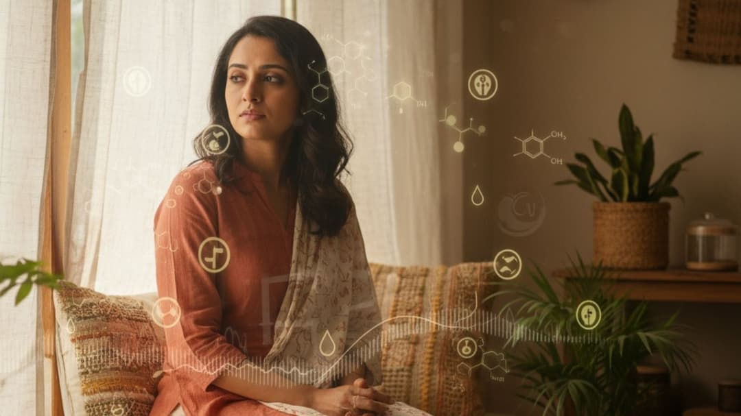 A blog featured image showing an INdian woman sitting by a window looking tired and upset because of PCOS and PCOD